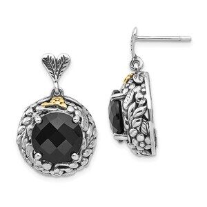 925 Sterling Silver 14K Accent Antiqued Checkerboard Onyx Post Dangle Earrings